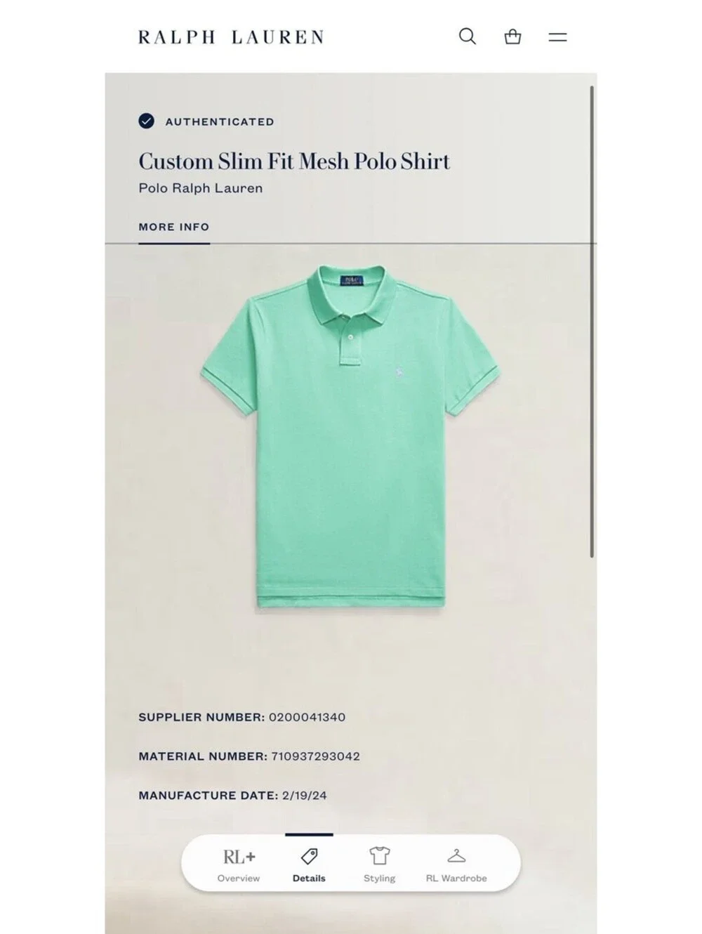 Polo Ralph Lauren Men’s Custom Fit Polo Shirt College Green Short Sleeve Size L